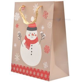 Snowman print pinkish paper bag with ribbon handles 26+12x32cm