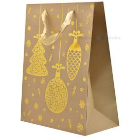 Kraftpapīra dāvanu maiss ar zeltainiem Ziemassvētku ornamentiem ar lentes rokturiem 26+12x32cm
