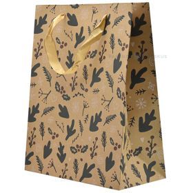 Christmas branches print craft paper bag with ribbon handles 26+12x32cm