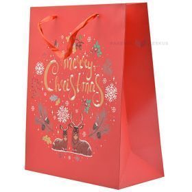 Deer lying down print red paper bag with ribbon handles 26+12x32cm