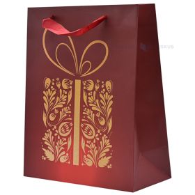 Golden patterned gift print red paper bag with ribbon handles 26+12x32cm