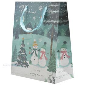 Landscape and snowmen print bluish paper bag with ribbon handles 26+12x32cm