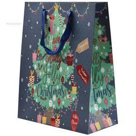 Tree and ornaments print blue paper bag with ribbon handles 26+12x32cm