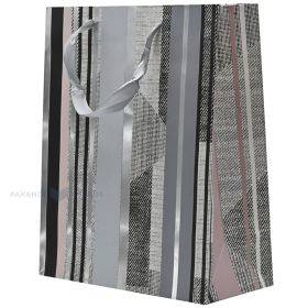 Papīra dāvanu maiss ar dažāda veida strīpu adruku ar lentes rokturiem 26+12x32cm