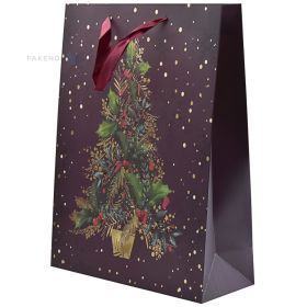 Tree print burgundy paper bag with ribbon handles 30+12x40cm