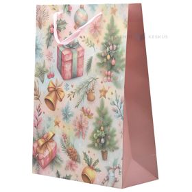 Delicate pink gifts, trees, bells, flowers print paper bag with ribbon handles 30+12x40cm