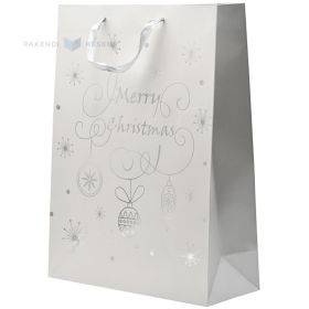 Papīra dāvanu maiss ar sudraba krāsas Merry Christmas apdruku ar lentes rokturiem 30+12x40cm