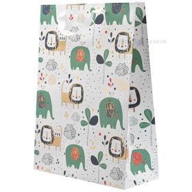 Balts papīra dāvanu maiss ar zīmētu ziloņu un lauvu apdruku ar lentes rokturiem 30+12x40cm