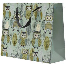 Zaļgans papīra dāvanu maiss ar pūču apdruku ar lentes rokturiem  32+11x26cm