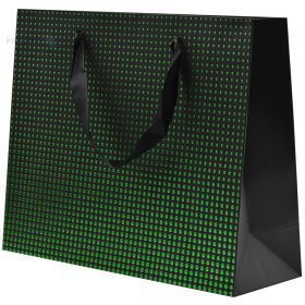Green dots print black paper bag with ribbon handles 32+11x26cm