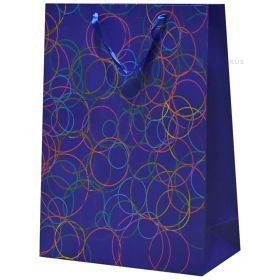 Neon circles print purple blue paper bag with ribbon handles 40+15x50cm