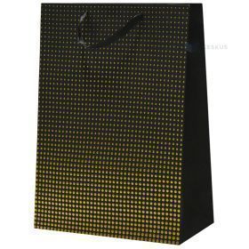 Golden dots print black paper bag with ribbon handles 40+15x50cm