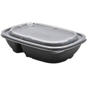 Reusable black 2-compartment food tray with transparent lid 650+250ml 23x17x5cm PP 50x machine washable, 50pcs/pack